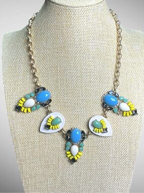 J.Crew Vintage 2010s Jeweled Statement Necklace Blue Yellow Gold Tone